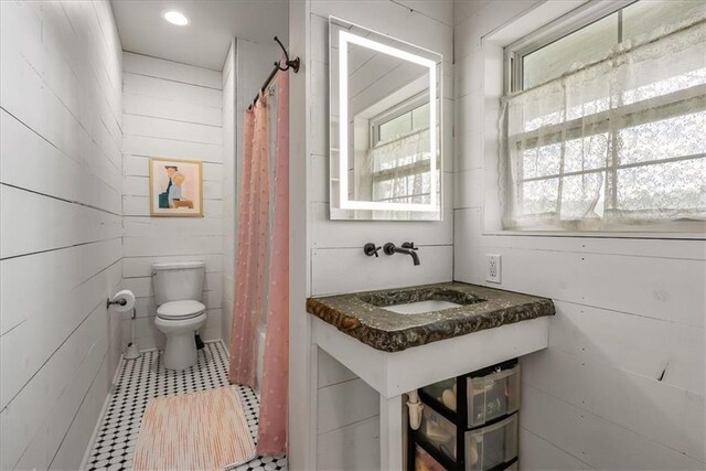 bathroom featuring toilet, vanity, and a shower with shower curtain