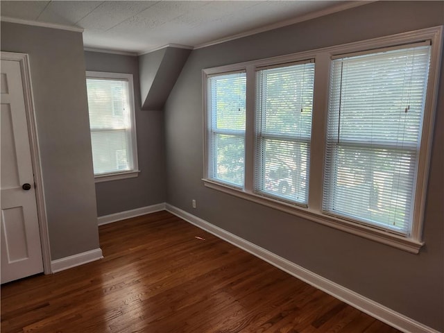 bonus room with dark wood-style floors, baseboards, and healthy amount of natural light