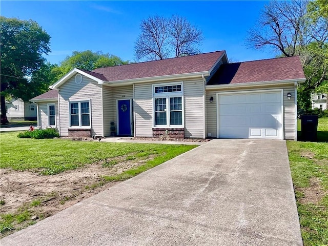 428 W Sycamore St, Nevada, MO 64772 - single story home featuring a front yard, a garage, asphalt driveway, roof with shingles, and brick siding
