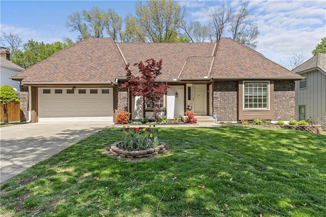 single story home featuring brick siding, a garage, driveway, roof with shingles, and a front lawn