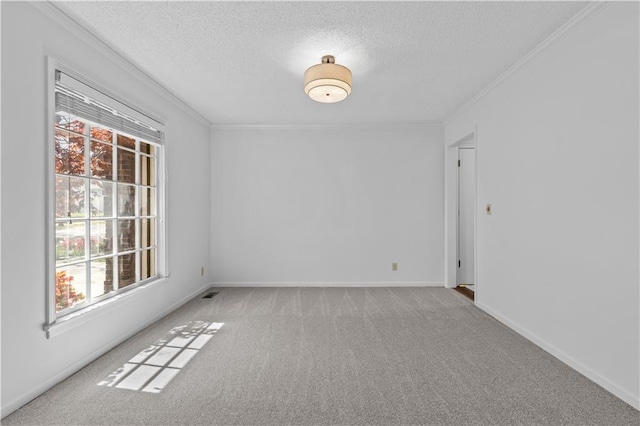 spare room featuring a textured ceiling, plenty of natural light, light colored carpet, and ornamental molding