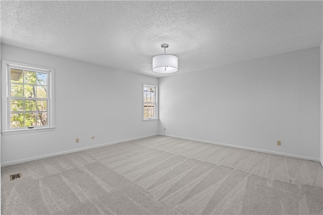 unfurnished room featuring a textured ceiling, plenty of natural light, and light carpet