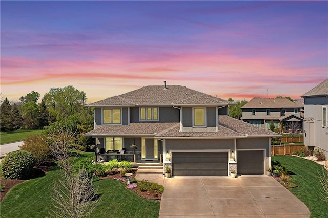 view of front of house with concrete driveway, a porch, stucco siding, and an attached garage