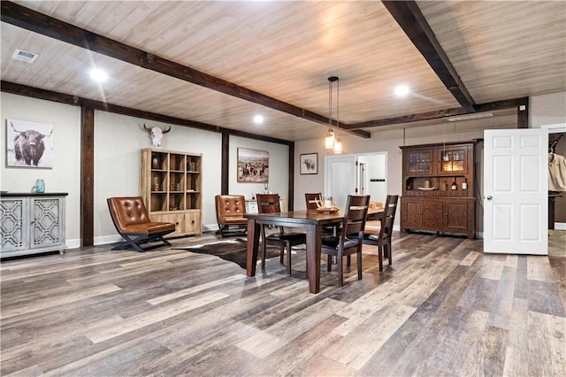11155 Hubbard Rd, Kansas City, KS 66109 - dining room featuring wood ceiling with exposed beams, wood finished floors, and baseboards