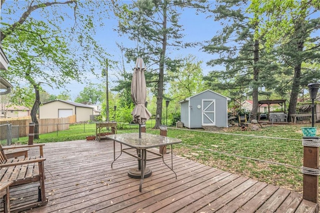 wooden deck with a fenced backyard, a shed, and a yard