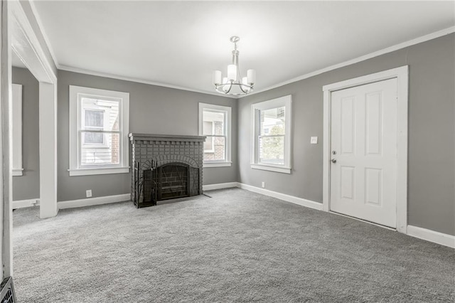 2219 E Meyer Blvd, Kansas City, MO 64132 - unfurnished living room with crown molding, a chandelier, carpet flooring, plenty of natural light, and baseboards