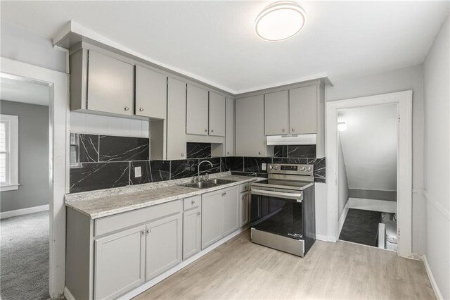 2219 E Meyer Blvd, Kansas City, MO 64132 - kitchen with stainless steel range with electric stovetop, gray cabinets, under cabinet range hood, a sink, and backsplash