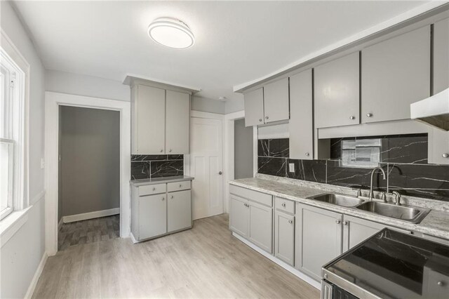 2219 E Meyer Blvd, Kansas City, MO 64132 - kitchen with a sink, gray cabinetry, stove, backsplash, and light wood-style floors