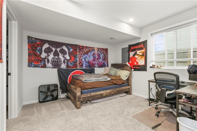 bedroom featuring baseboards, recessed lighting, visible vents, and carpet floors