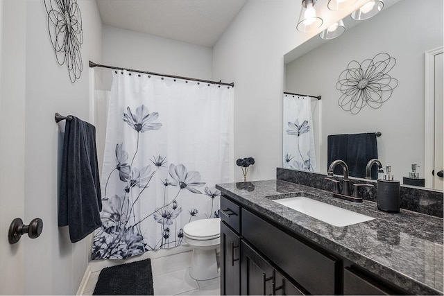 bathroom featuring vanity, toilet, tile patterned flooring, and a shower with shower curtain