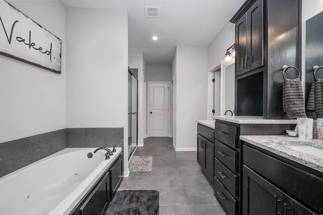bathroom with a stall shower, vanity, a whirlpool tub, baseboards, and visible vents