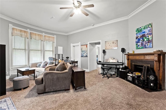 510 E Park St, Olathe, KS 66061 - carpeted living area featuring crown molding, ceiling fan, and a premium fireplace