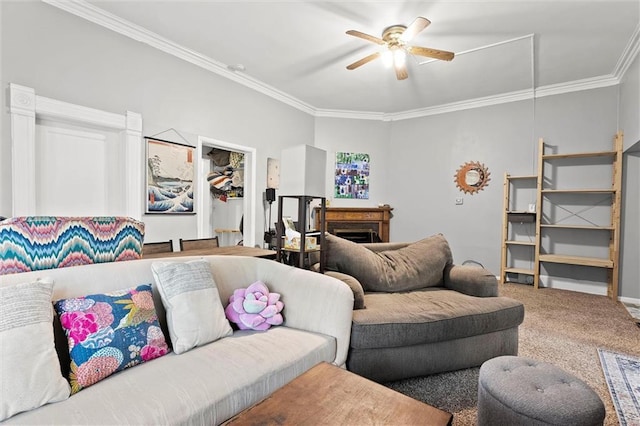 510 E Park St, Olathe, KS 66061 - living area with ornamental molding, carpet floors, a ceiling fan, and a fireplace