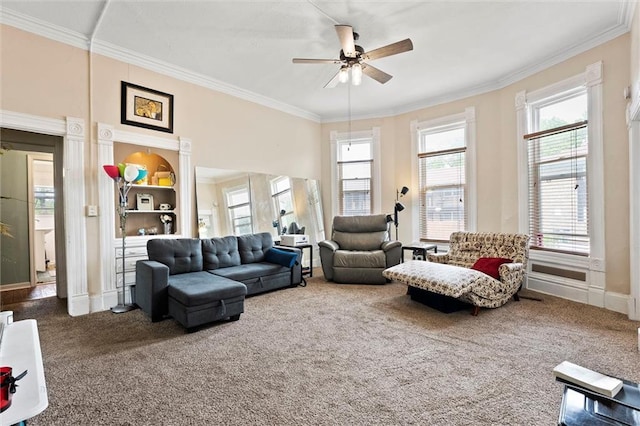 510 E Park St, Olathe, KS 66061 - carpeted living area with a ceiling fan and ornamental molding