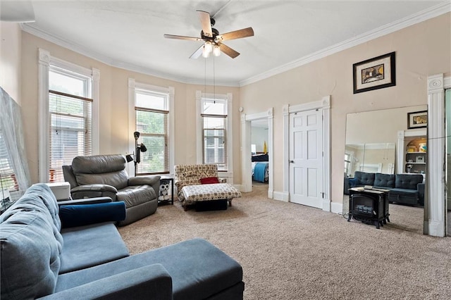 510 E Park St, Olathe, KS 66061 - carpeted living area with crown molding and ceiling fan