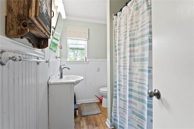 510 E Park St, Olathe, KS 66061 - bathroom with wood finished floors, wainscoting, vanity, ornamental molding, and a shower with shower curtain
