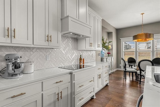 21410 W 189th Ter, Spring Hill, KS 66083 - kitchen featuring black electric cooktop, decorative backsplash, custom range hood, and baseboards