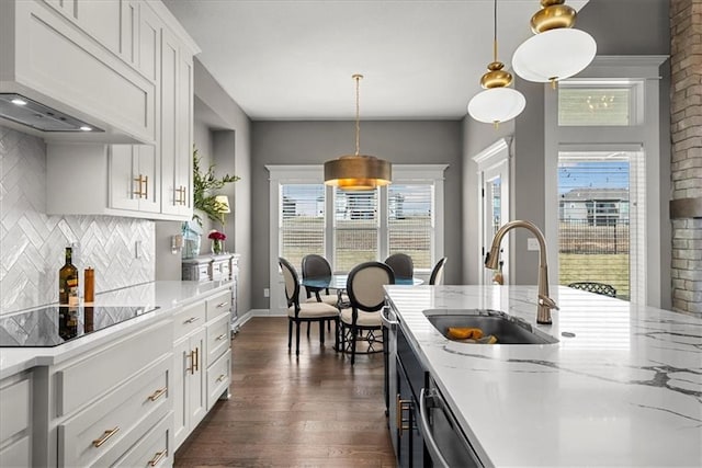 21410 W 189th Ter, Spring Hill, KS 66083 - kitchen with a sink, black electric cooktop, tasteful backsplash, premium range hood, and white cabinets