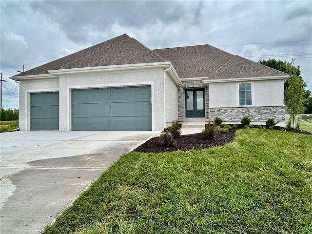 10303 W 151st Ter, Overland Park, KS 66221 - view of front of home featuring french doors, stucco siding, a garage, concrete driveway, and stone siding
