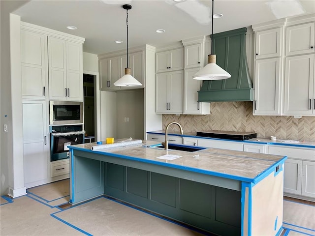 10303 W 151st Ter, Overland Park, KS 66221 - kitchen featuring oven, cooktop, white cabinetry, decorative backsplash, and premium range hood