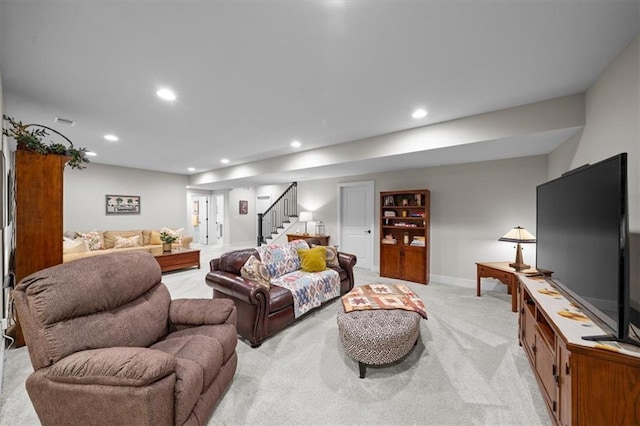 living room featuring light carpet, recessed lighting, stairs, and baseboards