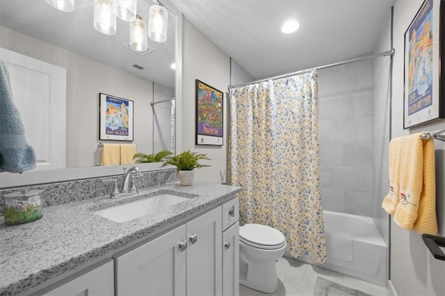 bathroom with marble look tile flooring, toilet, vanity, shower / bath combo with shower curtain, and recessed lighting