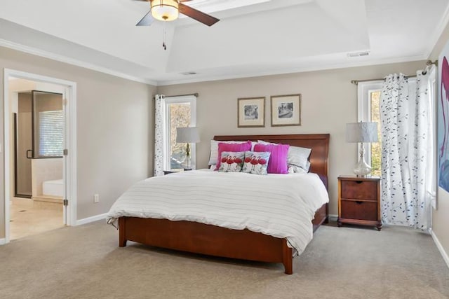 bedroom featuring visible vents, light carpet, ornamental molding, and multiple windows