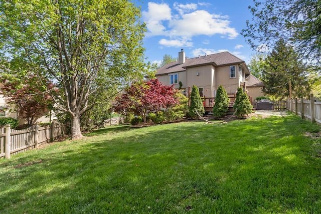 view of yard featuring a deck and a fenced backyard