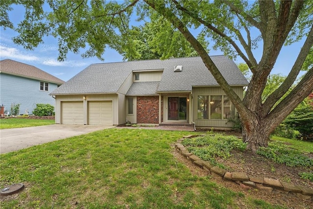 10503 W 50th Ter, Shawnee, KS 66203 - mid-century home with an attached garage, concrete driveway, a shingled roof, and a front lawn