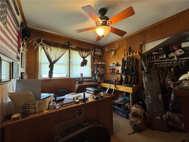 166 Crescent Dr, Chillicothe, MO 64601 - carpeted office space with a ceiling fan and wooden walls