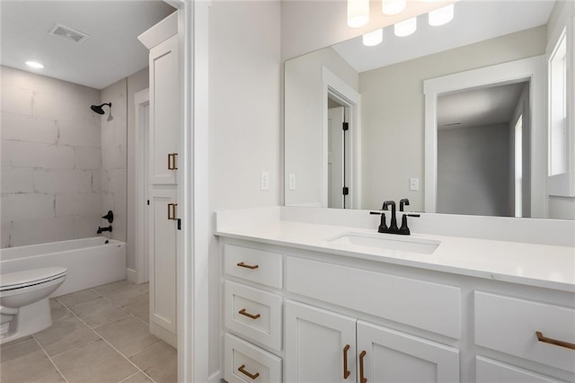 full bathroom with tile patterned floors, visible vents, toilet, vanity, and tub / shower combination