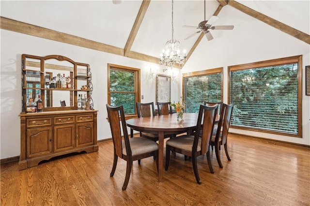 4710 Monrovia St, Shawnee, KS 66216 - dining space featuring a chandelier, light wood finished floors, beamed ceiling, high vaulted ceiling, and a ceiling fan