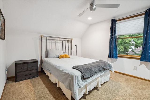 4710 Monrovia St, Shawnee, KS 66216 - carpeted bedroom with lofted ceiling, a ceiling fan, and recessed lighting