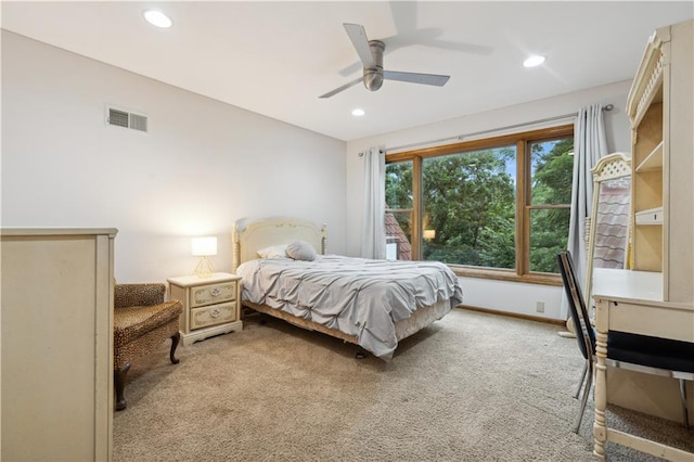 4710 Monrovia St, Shawnee, KS 66216 - bedroom with light colored carpet, recessed lighting, and a ceiling fan