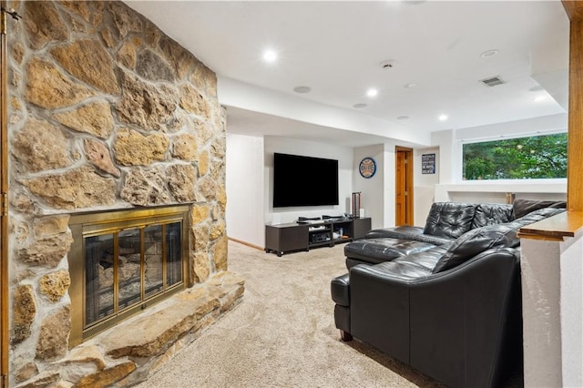 4710 Monrovia St, Shawnee, KS 66216 - living room with carpet flooring, a stone fireplace, and recessed lighting