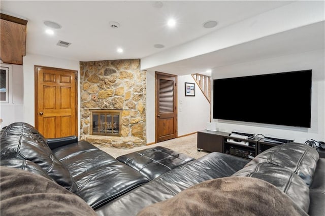 4710 Monrovia St, Shawnee, KS 66216 - carpeted living room featuring a stone fireplace and recessed lighting