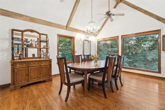 4710 Monrovia St, Shawnee, KS 66216 - dining area featuring light wood-style floors, a chandelier, high vaulted ceiling, beamed ceiling, and a ceiling fan