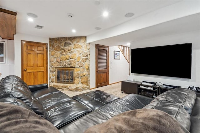 4710 Monrovia St, Shawnee, KS 66216 - living room with carpet, a fireplace, and recessed lighting
