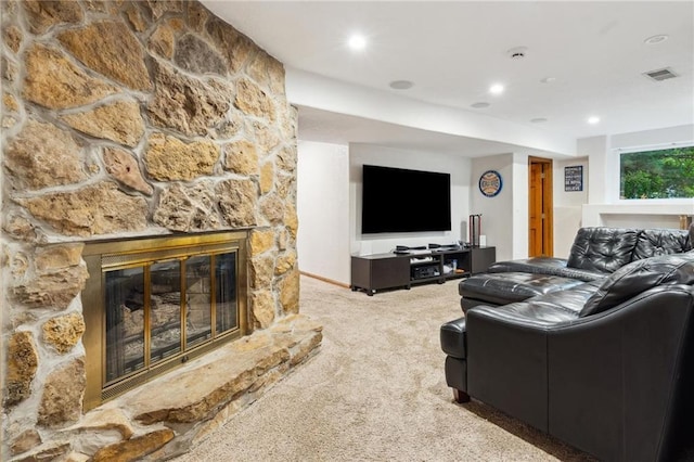4710 Monrovia St, Shawnee, KS 66216 - living room featuring carpet floors, a fireplace, and recessed lighting