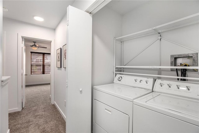 4581 Madison Ave, Kansas City, MO 64111 - laundry room featuring carpet, independent washer and dryer, ceiling fan, and baseboards