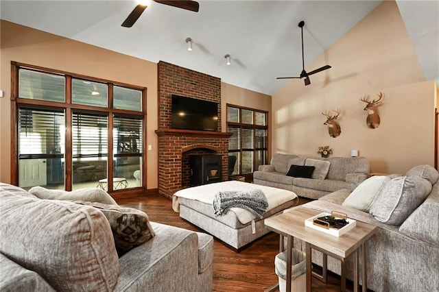 4353 NW State Route Ff, Adrian, MO 64720 - living room featuring a ceiling fan, wood finished floors, high vaulted ceiling, and a fireplace
