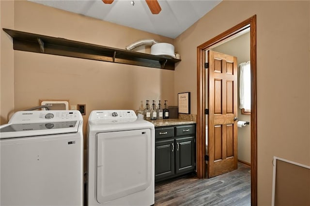 4353 NW State Route Ff, Adrian, MO 64720 - laundry area featuring separate washer and dryer, cabinet space, wood finished floors, and ceiling fan