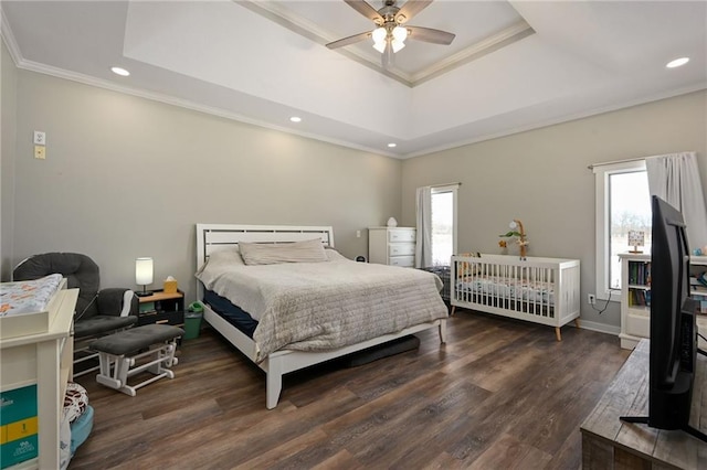 4353 NW State Route Ff, Adrian, MO 64720 - bedroom with recessed lighting, a tray ceiling, wood finished floors, ornamental molding, and ceiling fan