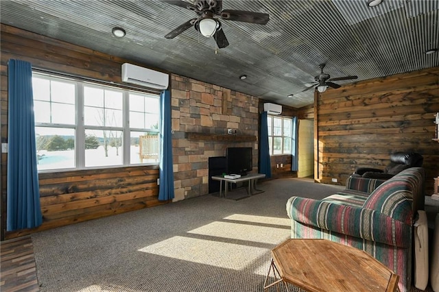 4353 NW State Route Ff, Adrian, MO 64720 - living room with a wall mounted AC, a ceiling fan, and wooden walls