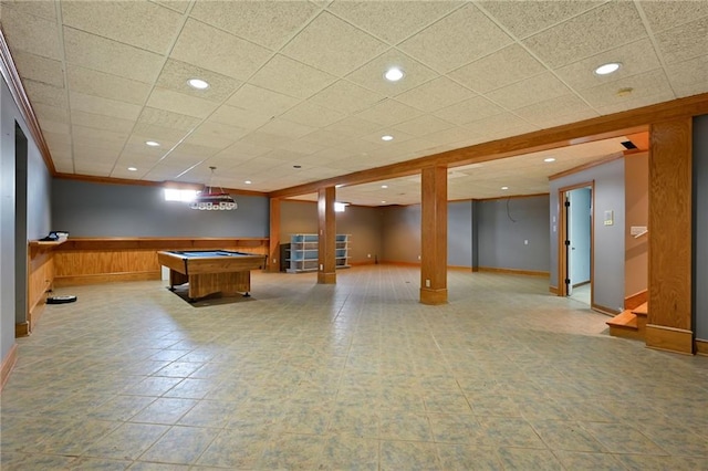 4353 NW State Route Ff, Adrian, MO 64720 - rec room with wainscoting, pool table, recessed lighting, and wood walls