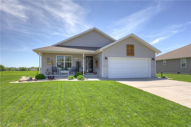 ranch-style house featuring a garage, a front lawn, covered porch, and driveway