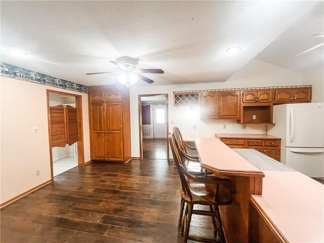 628 S Clay St, Nevada, MO 64772 - kitchen with freestanding refrigerator, baseboards, ceiling fan, light countertops, and dark wood finished floors