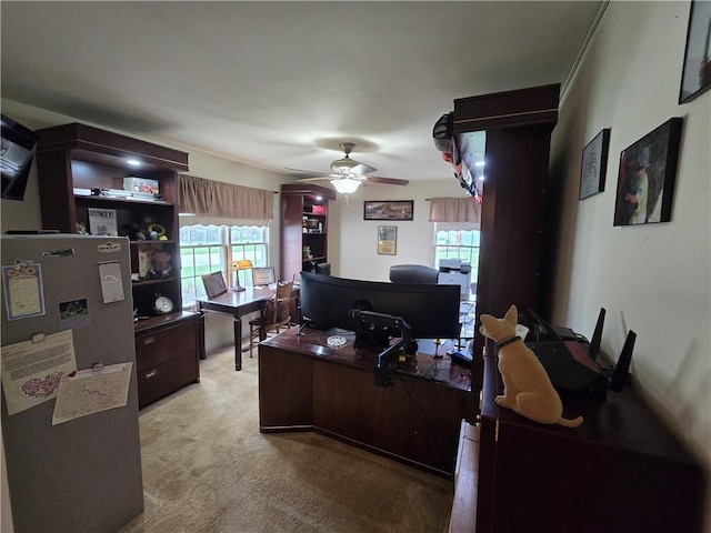 1502 Hillcrest Ct, Atchison, KS 66002 - office area with light carpet and a ceiling fan