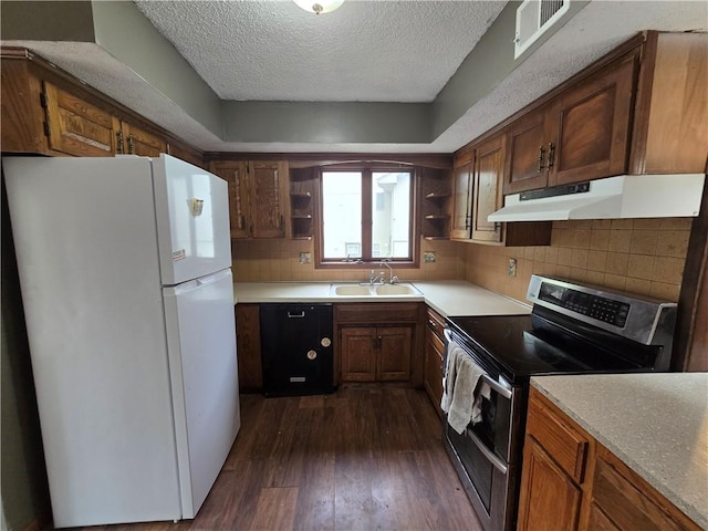 kitchen featuring stainless steel range with electric stovetop, under cabinet range hood, open shelves, dark wood-type flooring, and freestanding refrigerator