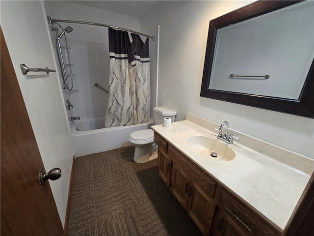 bathroom featuring toilet, shower / bath combination with curtain, and vanity